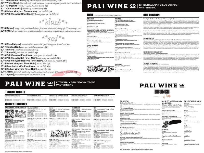 Pali Wine Co. Menu