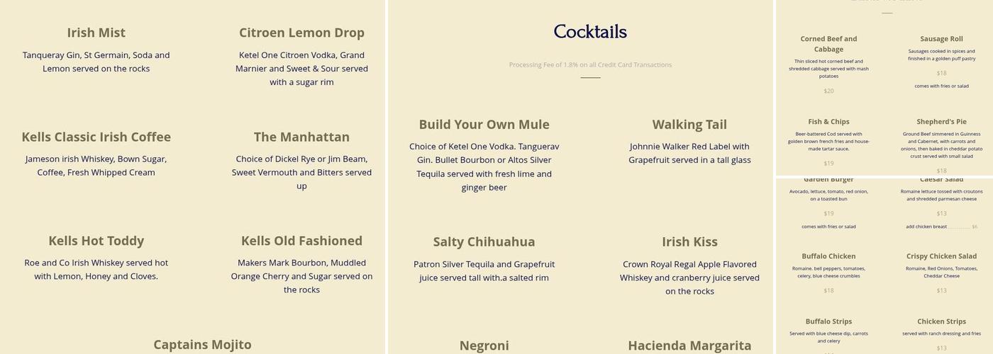 Kells Irish Restaurant & Pub Menu