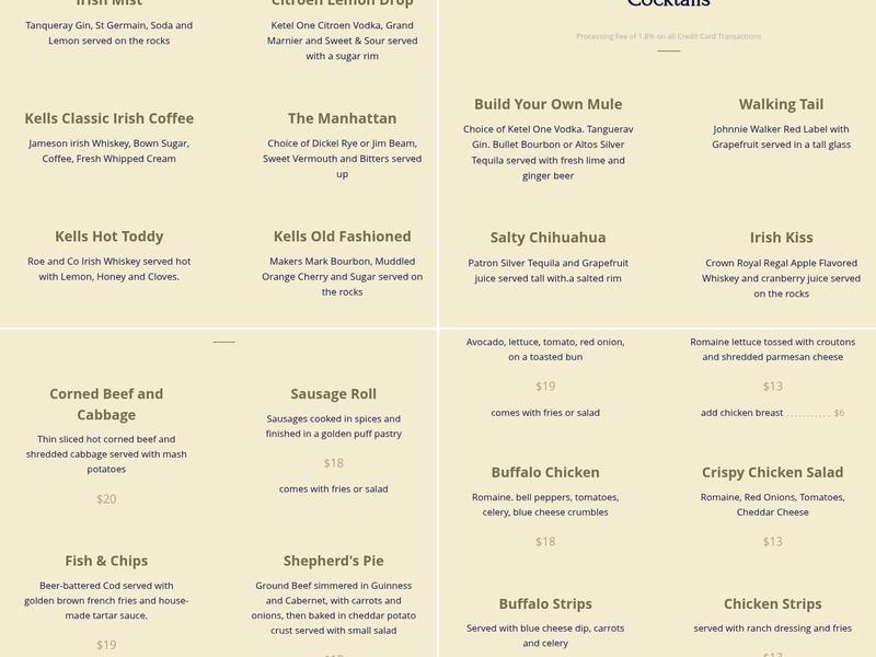 Kells Irish Restaurant & Pub Menu