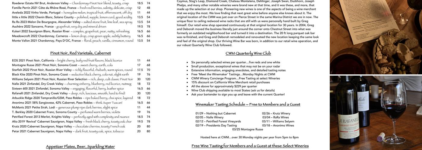 California Wine Merchant Menu