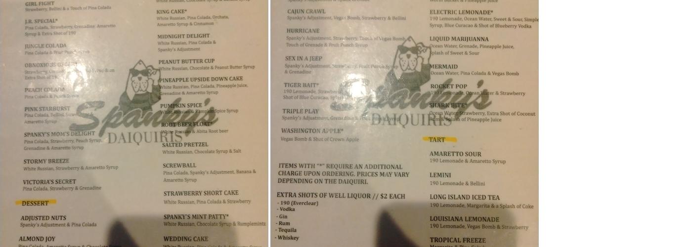Spanky’s Daiquiris - Burbank Menu