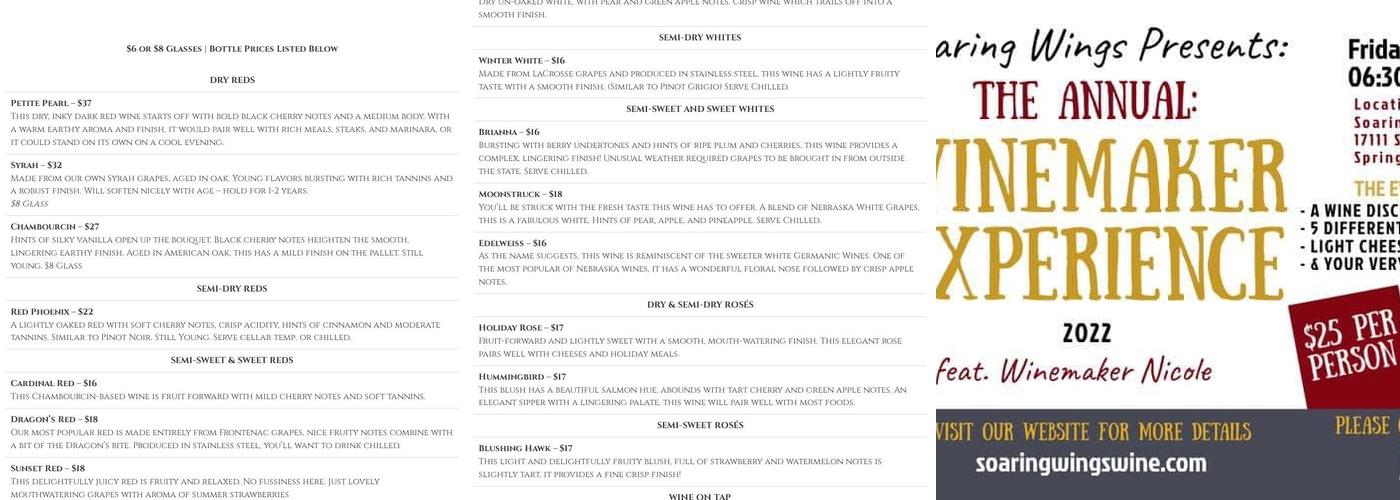 Soaring Wings Vineyard Menu