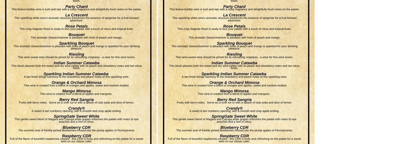 SpringGate Vineyard Menu