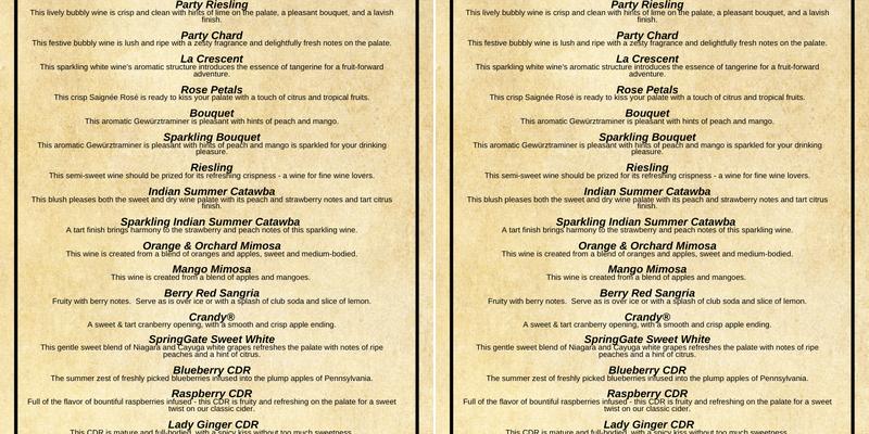 SpringGate Vineyard Menu