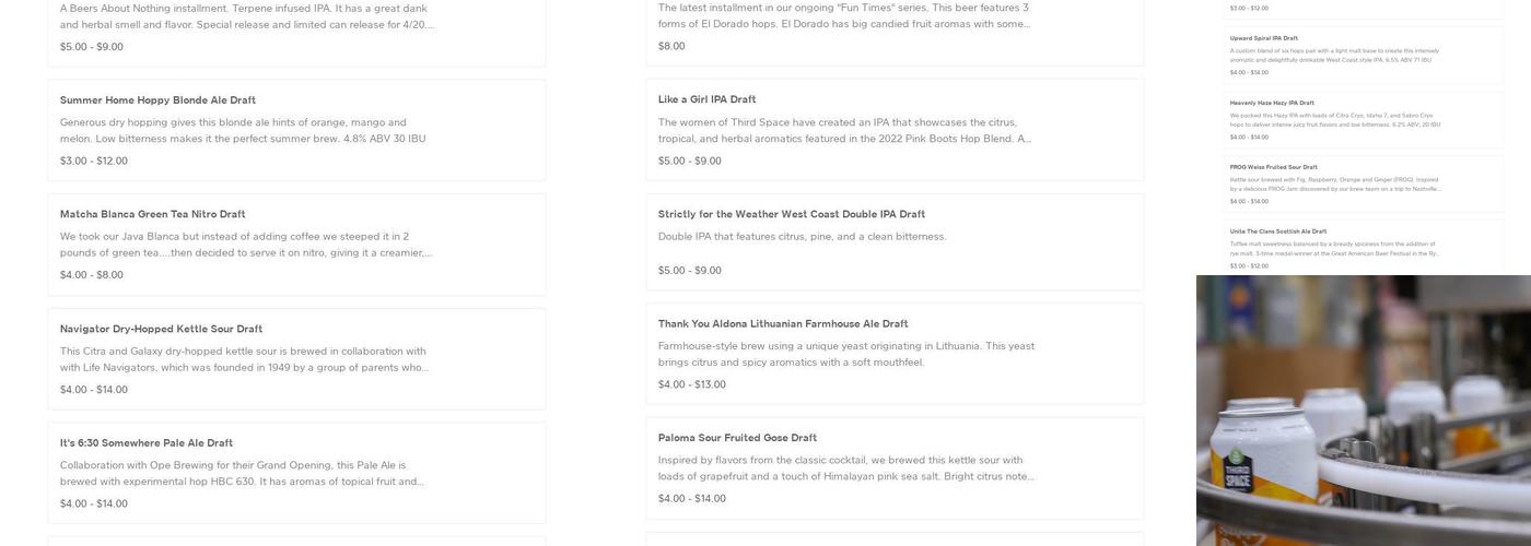 Third Space Brewing Menu