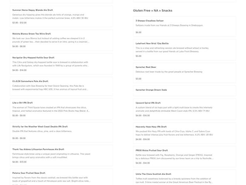 Third Space Brewing Menu