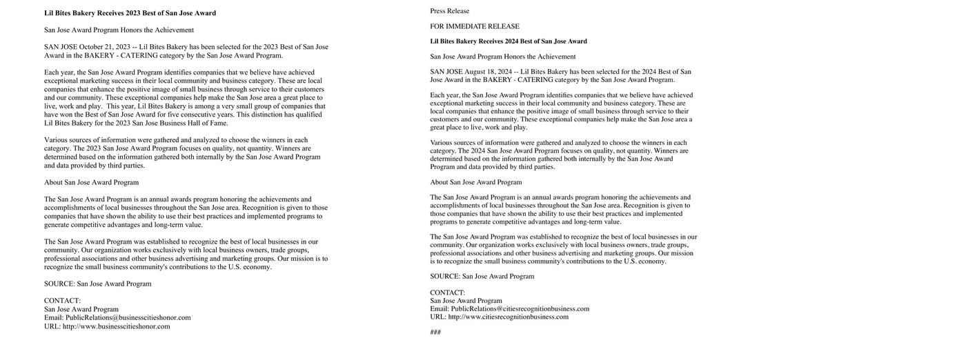 Lil Bites Bakery Menu