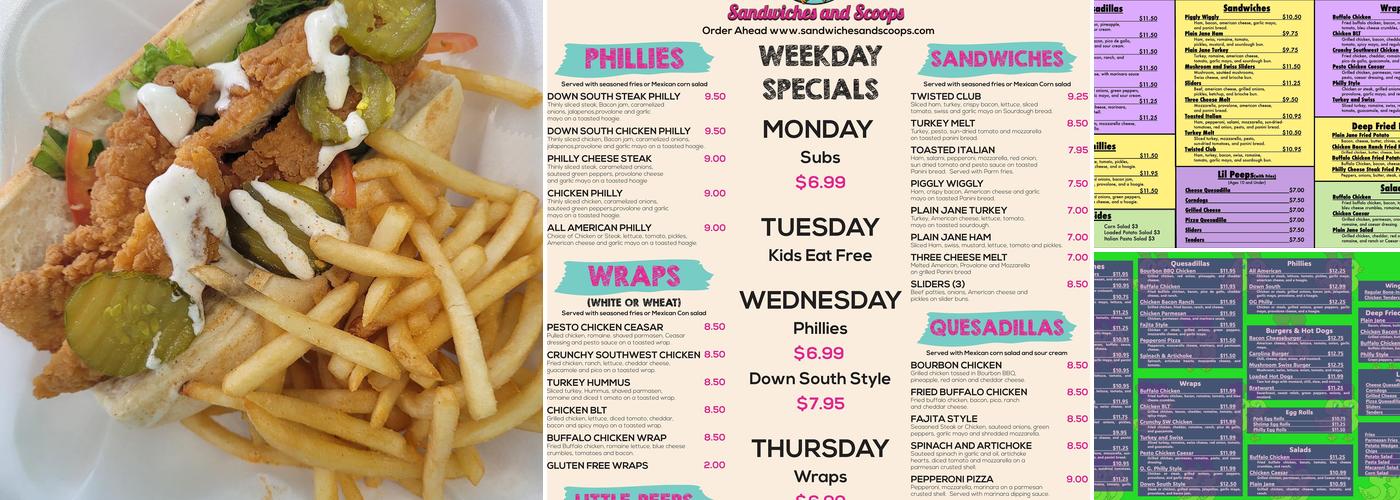 Two Chicks Sandwiches and Scoops Menu