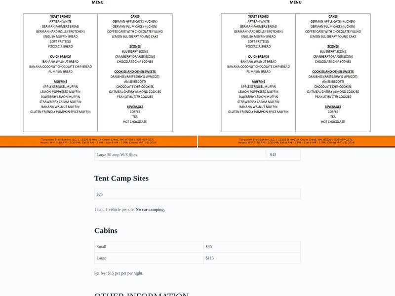 Turquoise Trail Campgrounds Menu
