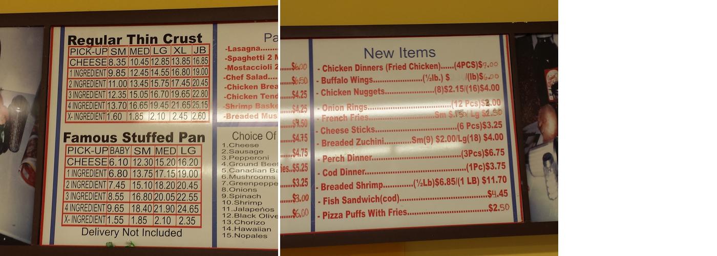 Positanos Pizza Menu