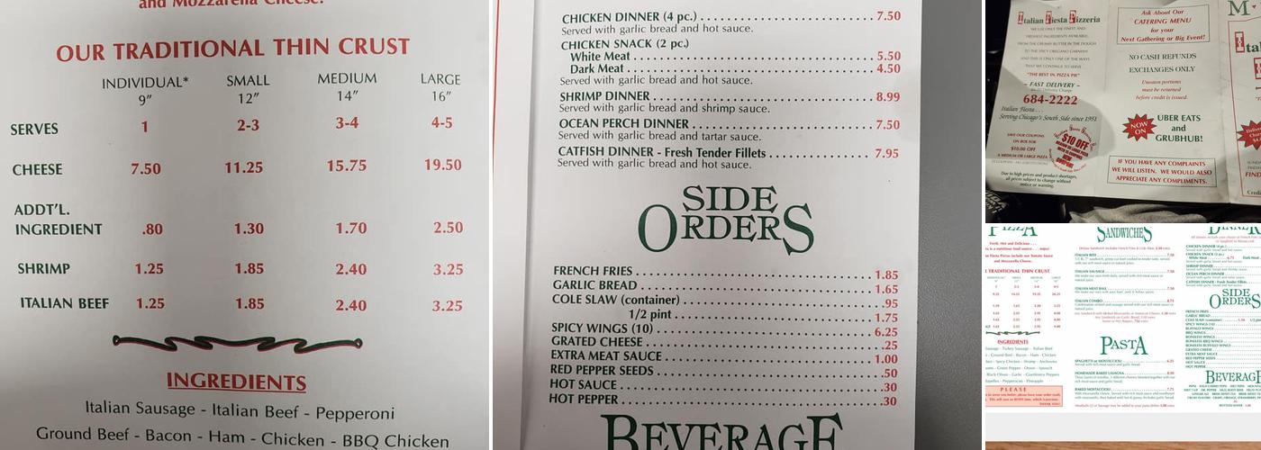Italian Fiesta Pizzeria Menu