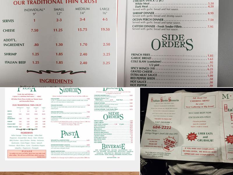 Italian Fiesta Pizzeria Menu