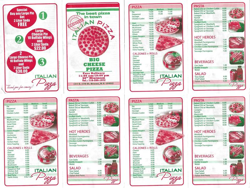 Big Cheese Pizza Menu