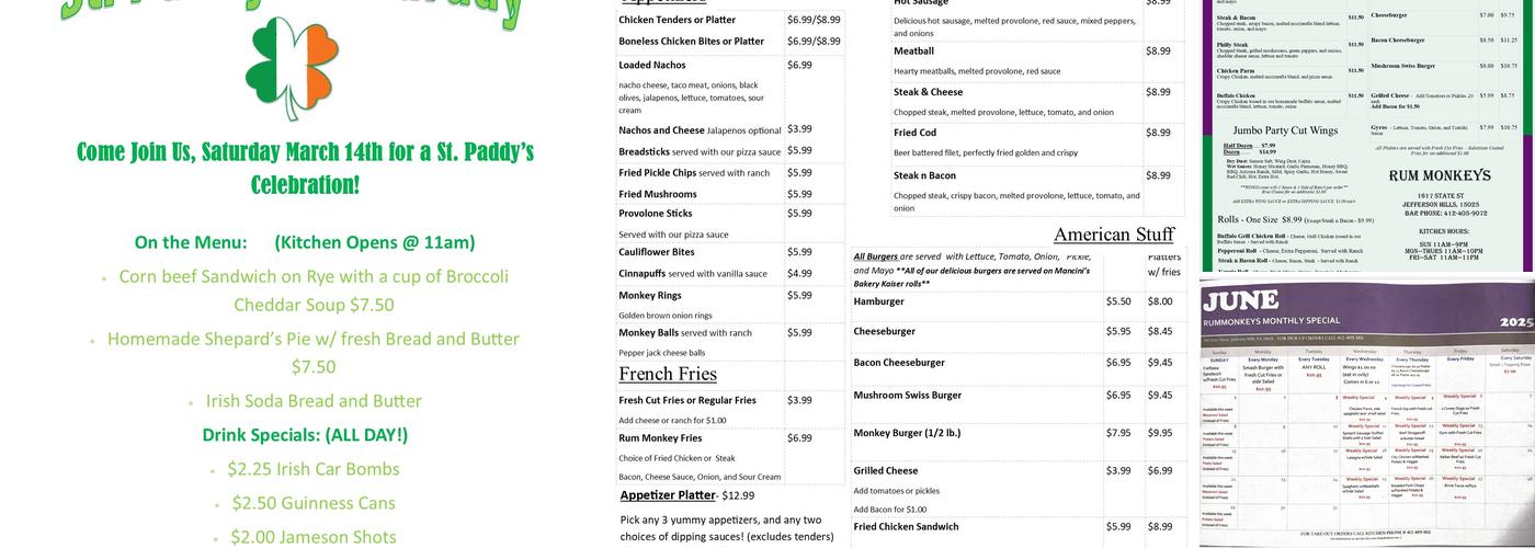 Rum Monkeys Pizza & Pub Menu