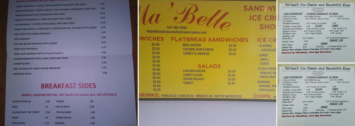 Ma'Bell's Cafe Menu