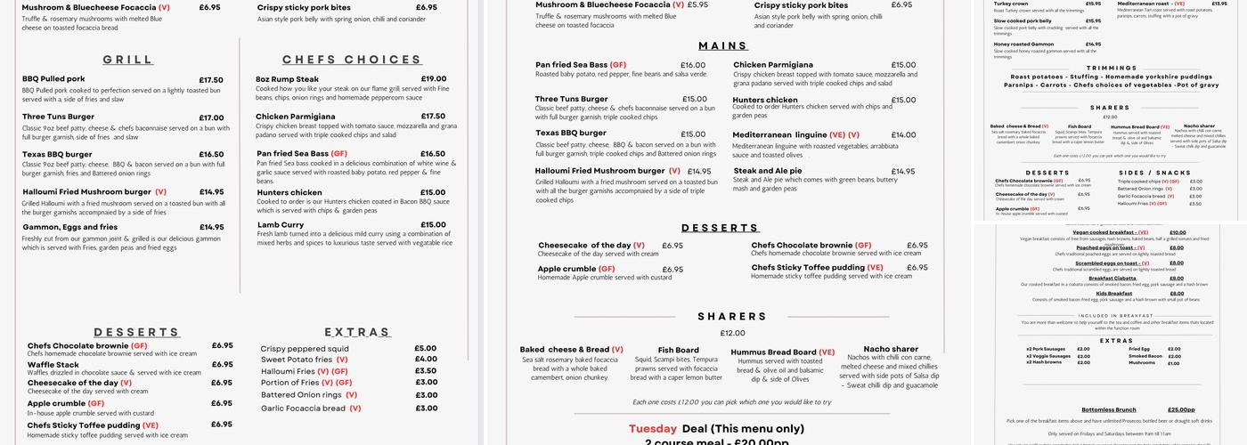 The Three Tuns Menu