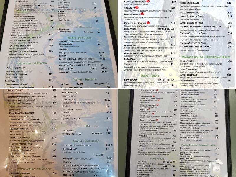 Machu Picchu Restaurant Menu