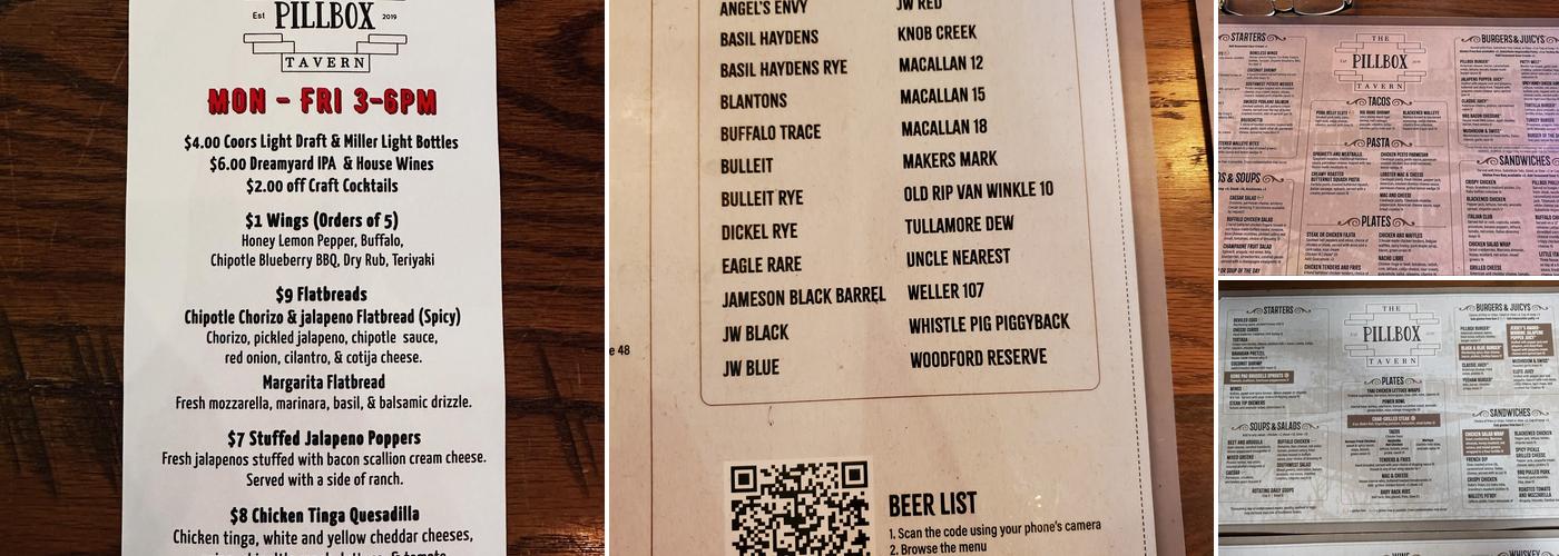Pillbox Tavern Menu