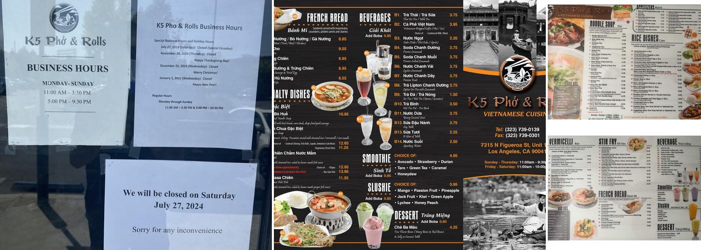 K5 pho and rolls Menu