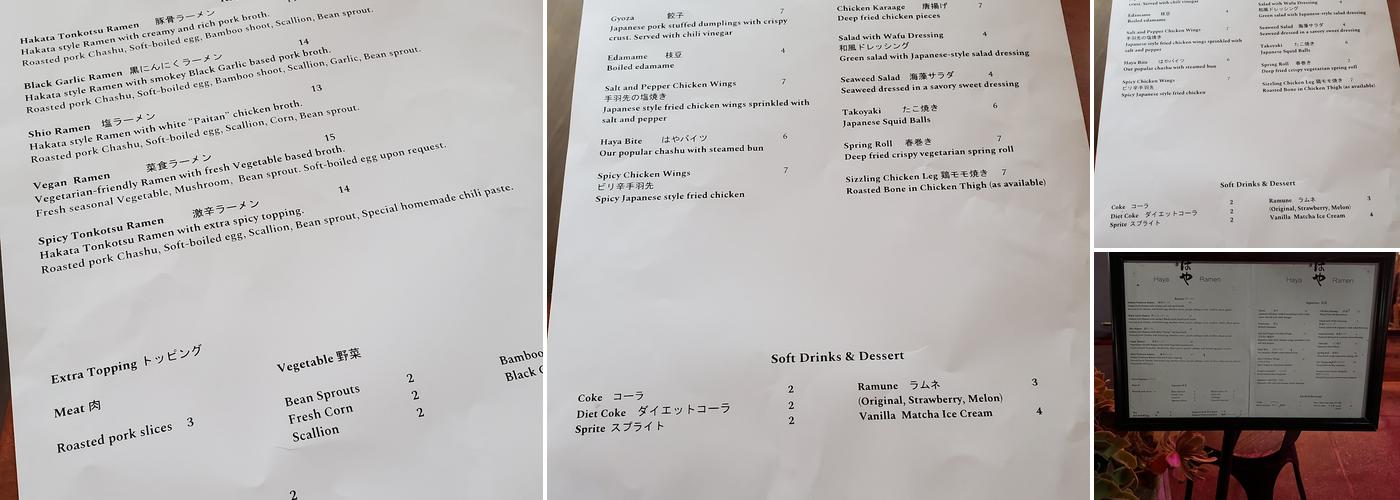 Haya Ramen Menu
