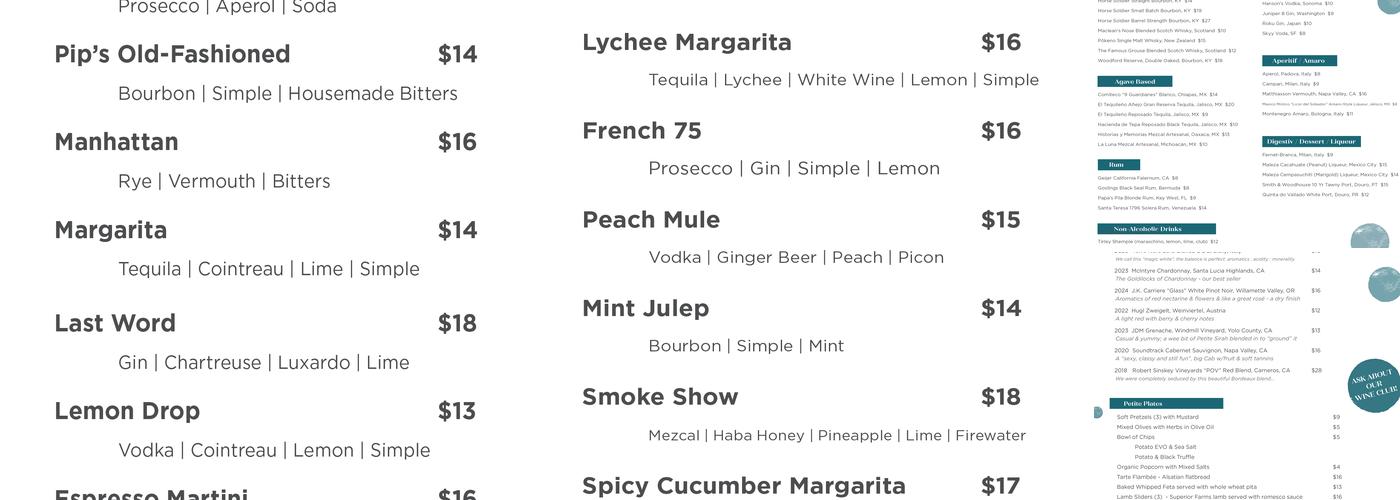 The Pip Wine Bar & Shop Menu