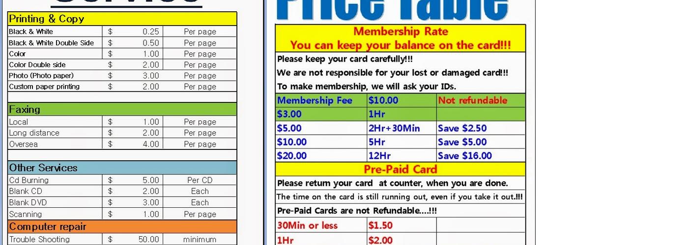 Smart Access Internet Cafe Menu