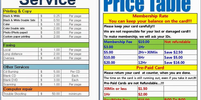 Smart Access Internet Cafe Menu