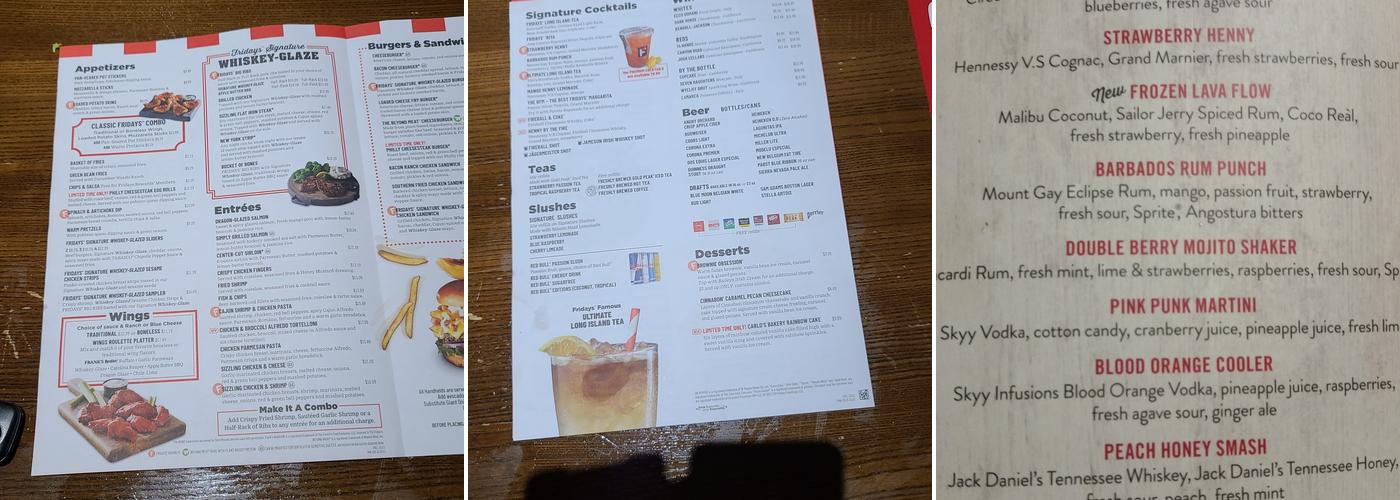 TGI Fridays Menu