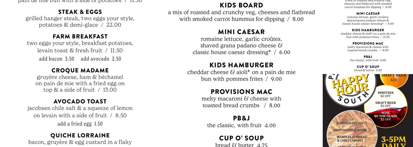 Provisions South Menu