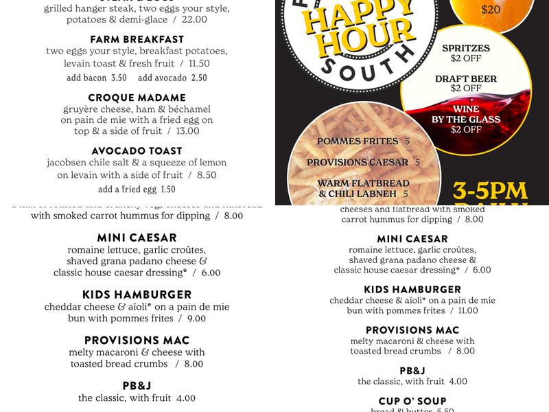 Provisions South Menu