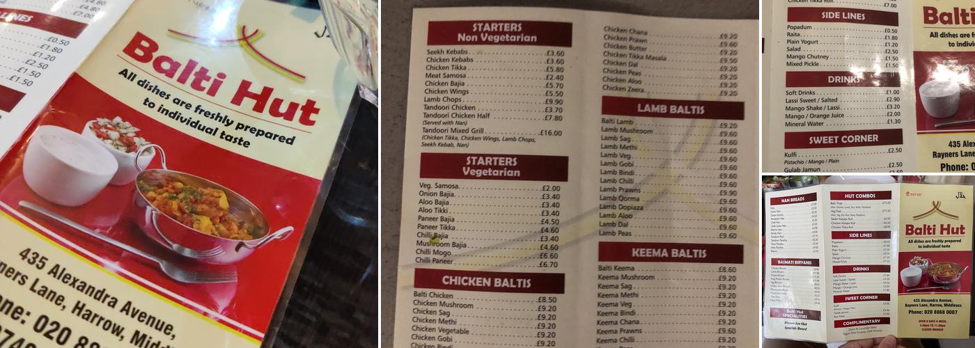 Balti Hut Menu