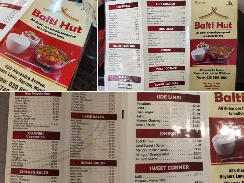 Balti Hut Menu