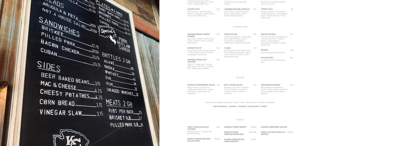 Drift Distillery & Smokehouse Menu