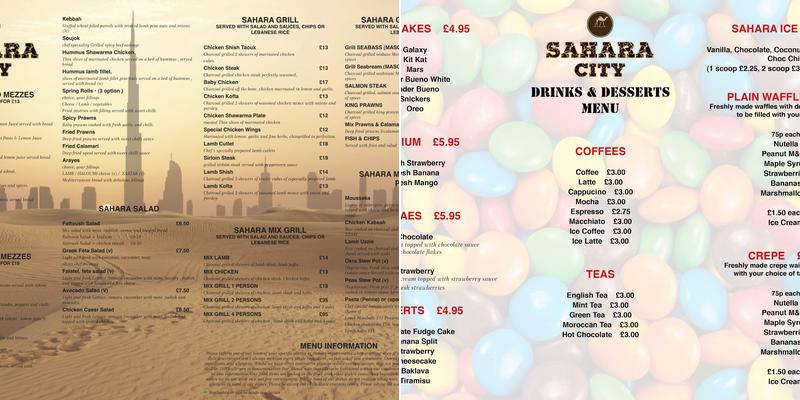 Sahara City Uxbridge Menu