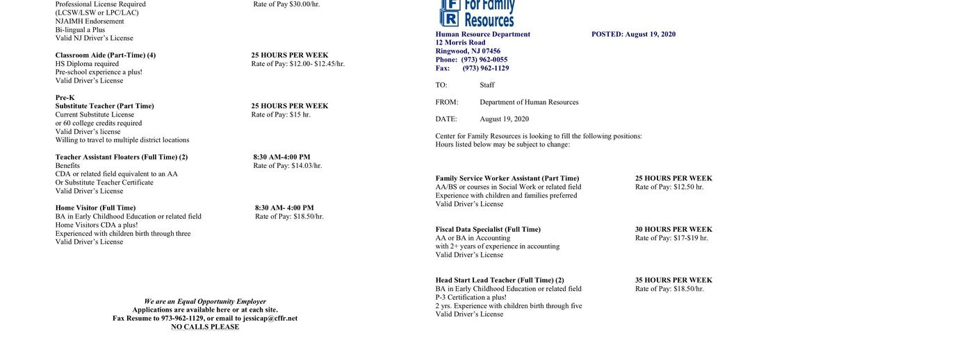 Highlands Family Success Center Menu