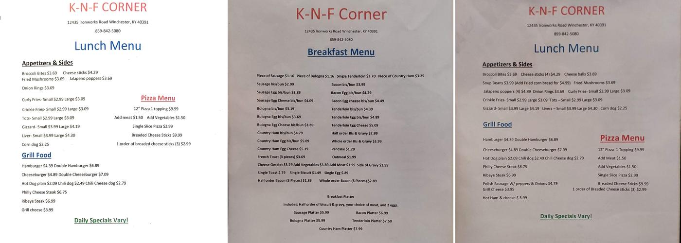 K-n-F Corner Menu
