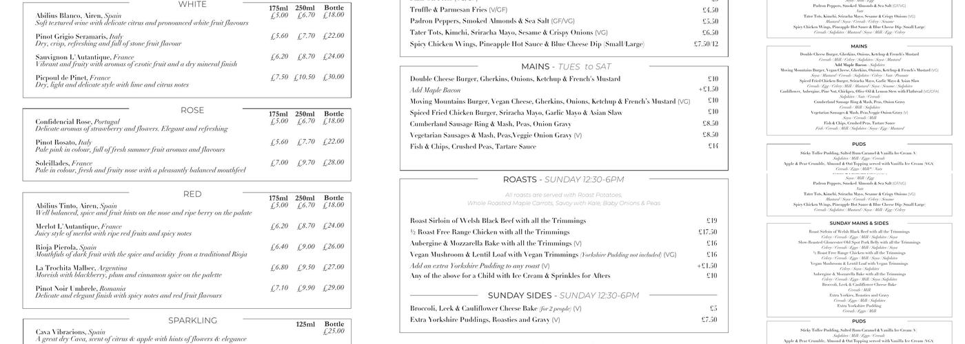 The White Hart Menu