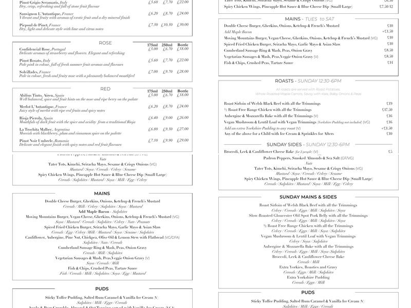 The White Hart Menu
