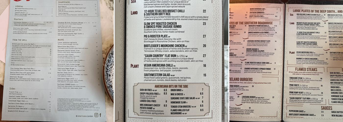 Americana London Menu