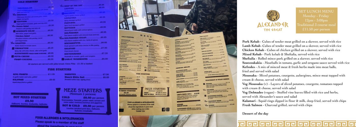 Alexander The Great Restaurant Menu