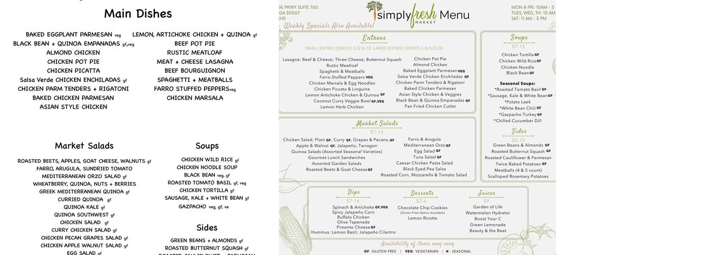 simply FRESH Market Menu