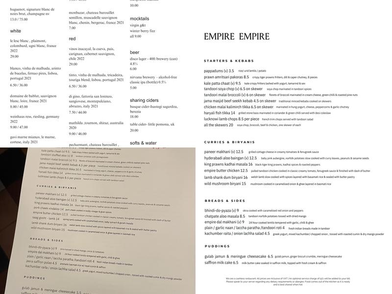 Empire Empire Menu