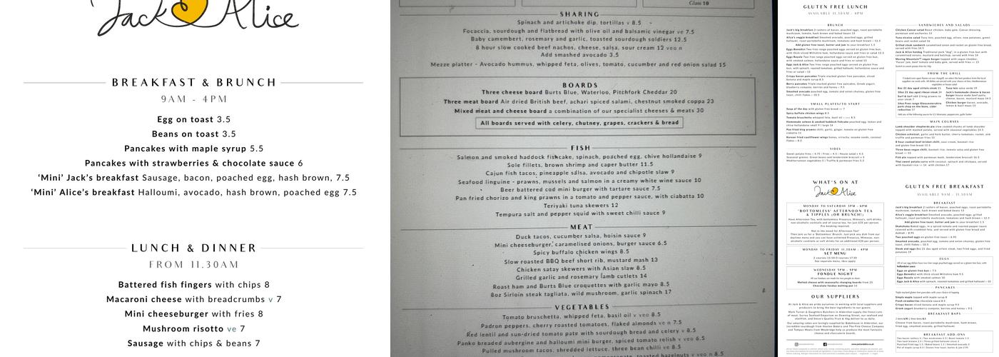 Jack & Alice - Farnham Menu