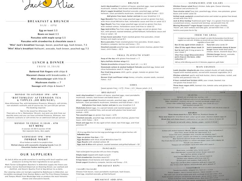 Jack & Alice - Farnham Menu