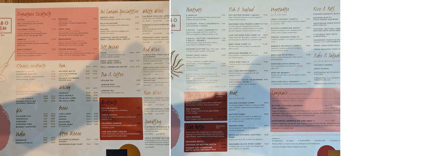 Colombo Kitchen Putney Menu
