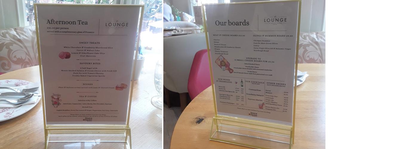 The Lounge at Sloane Square Hotel Menu