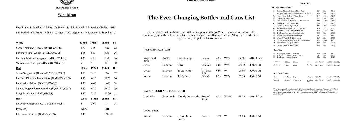 The Queens Head Menu