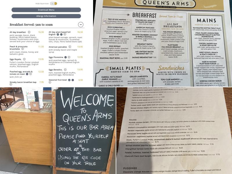 The Queen's Arms, Heathrow Menu