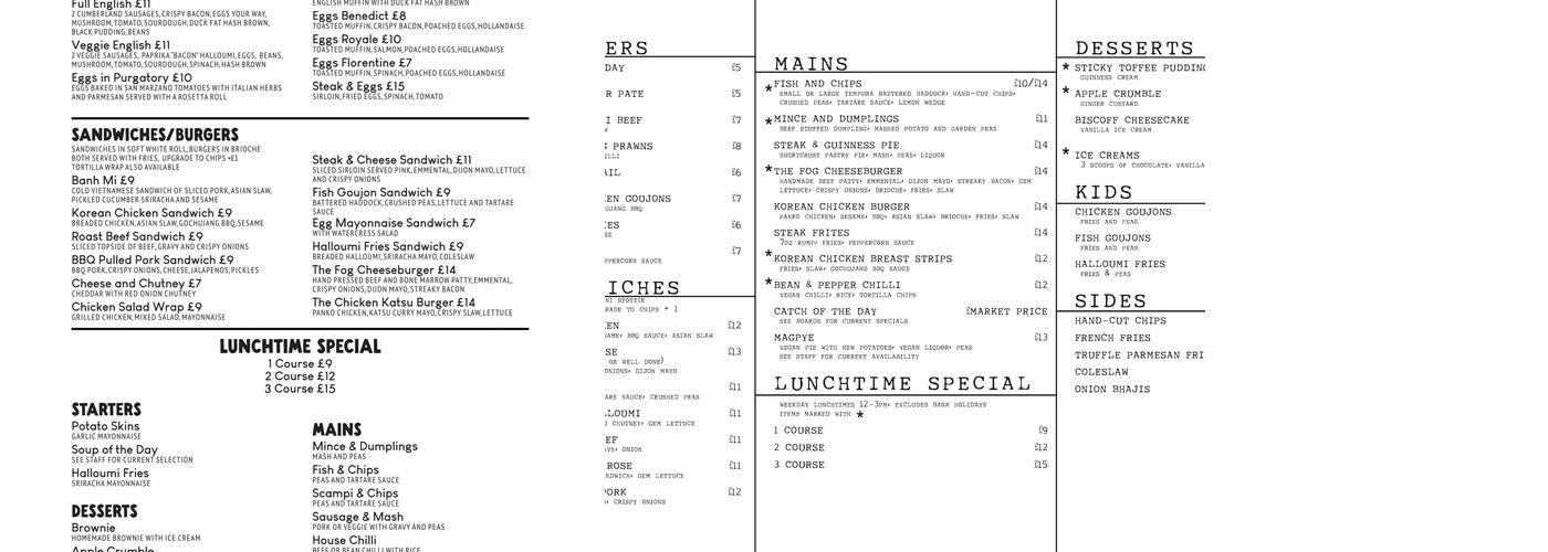 The Fog On The Tyne Menu