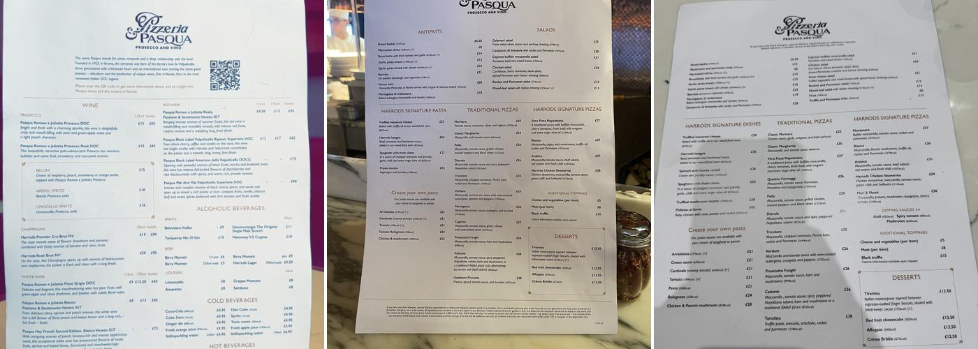 Harrods Pizzeria & Pasqua Menu